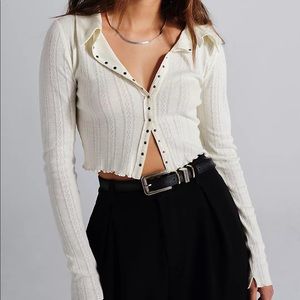 Free People Pointelle Long Sleeve Button Down Collared Top